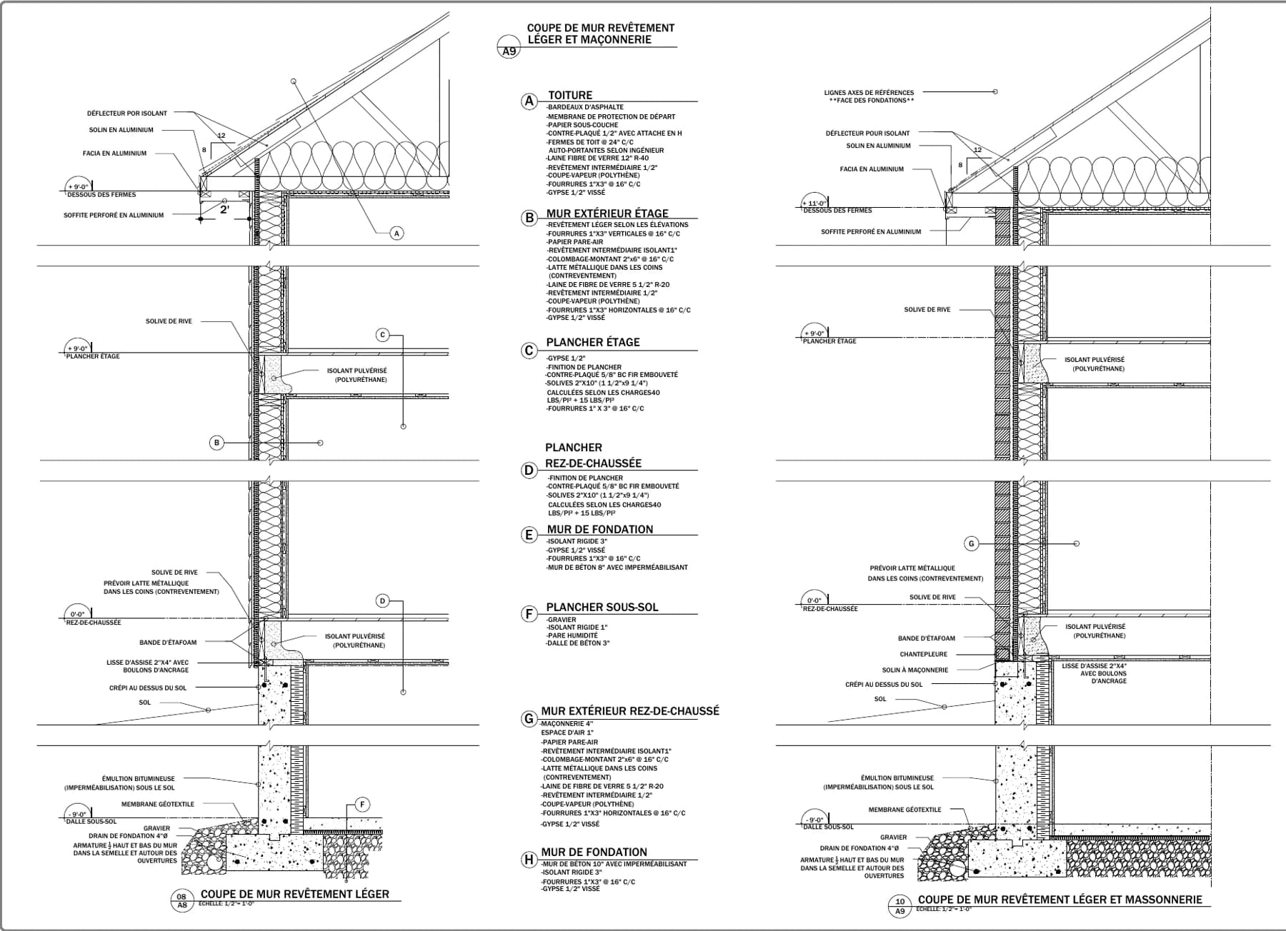 Extrait d'une coupe de mur avec la composition du toit, du mur extérieur et des planchers