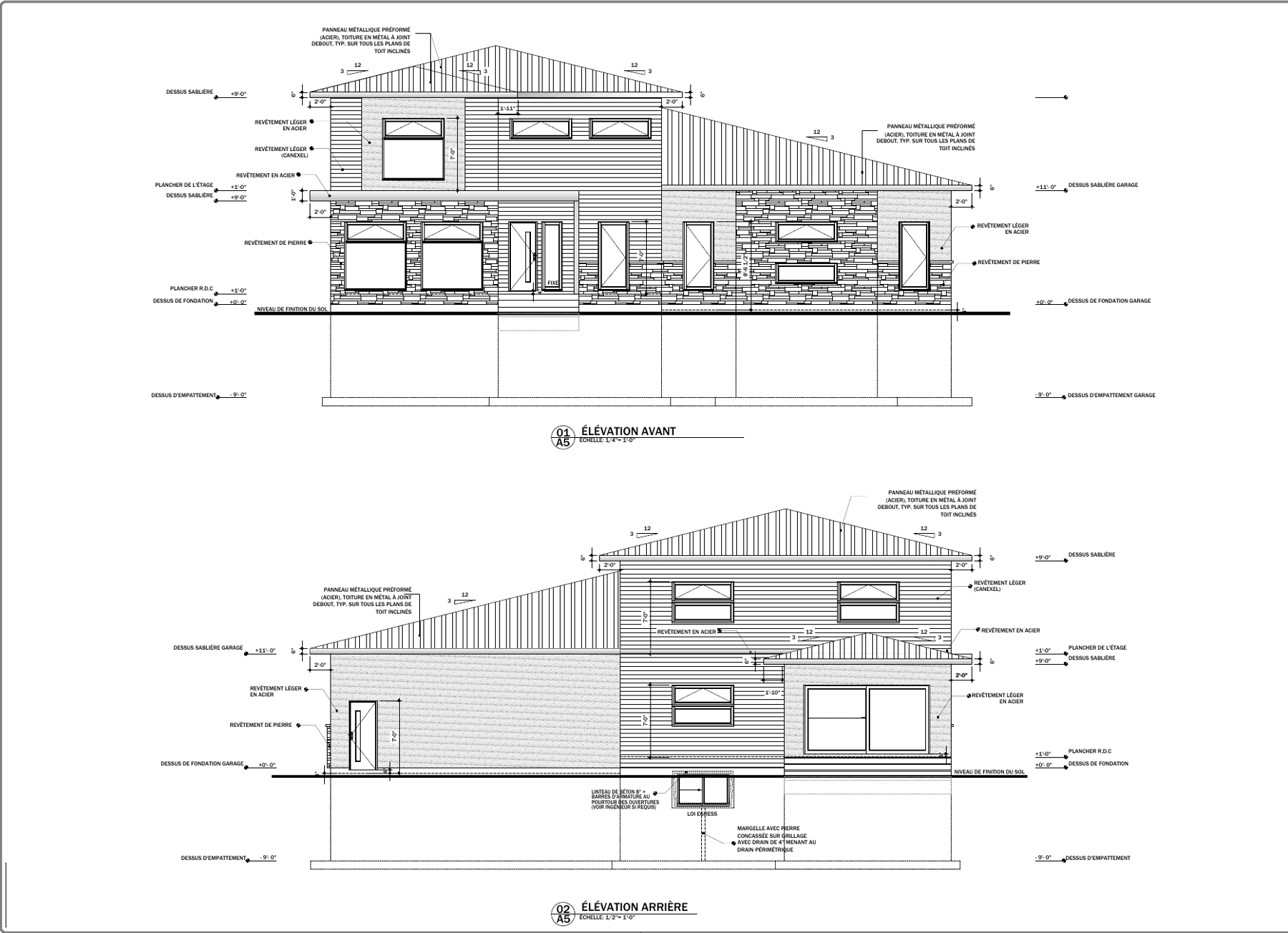 Extrait d'élévations avant et arrière d'une maison à demi-niveaux, avec hauteurs et revêtements