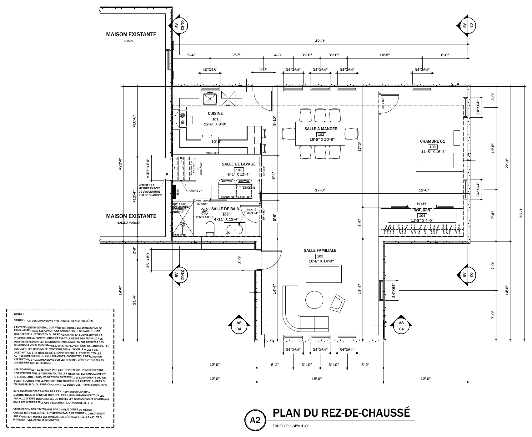 Plan du rez-de-chaussée d'un agrandissement raccordé à la maison existante