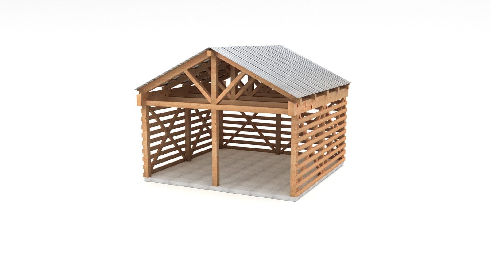 Rendu 3D d'un abri en bois à charpente apparente