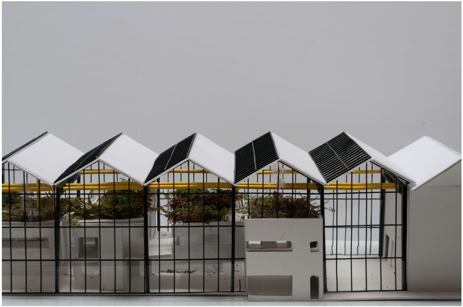 Maquette de la coopérative Rivière-des-Prairies : des habitations sous trois serres vitrées aux toits en dents de scie