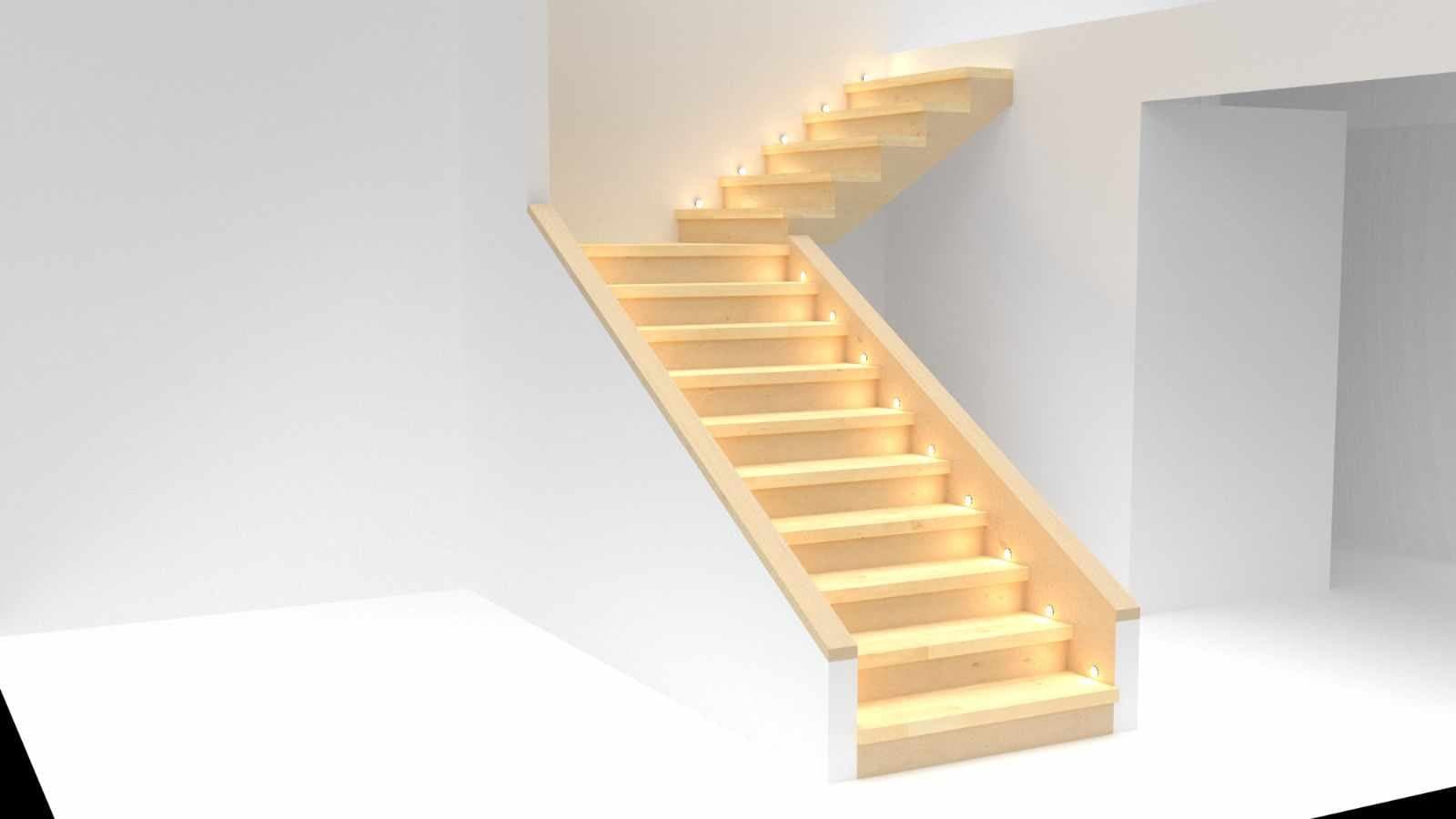 Rendu 3D d'un escalier en bois aux marches éclairées