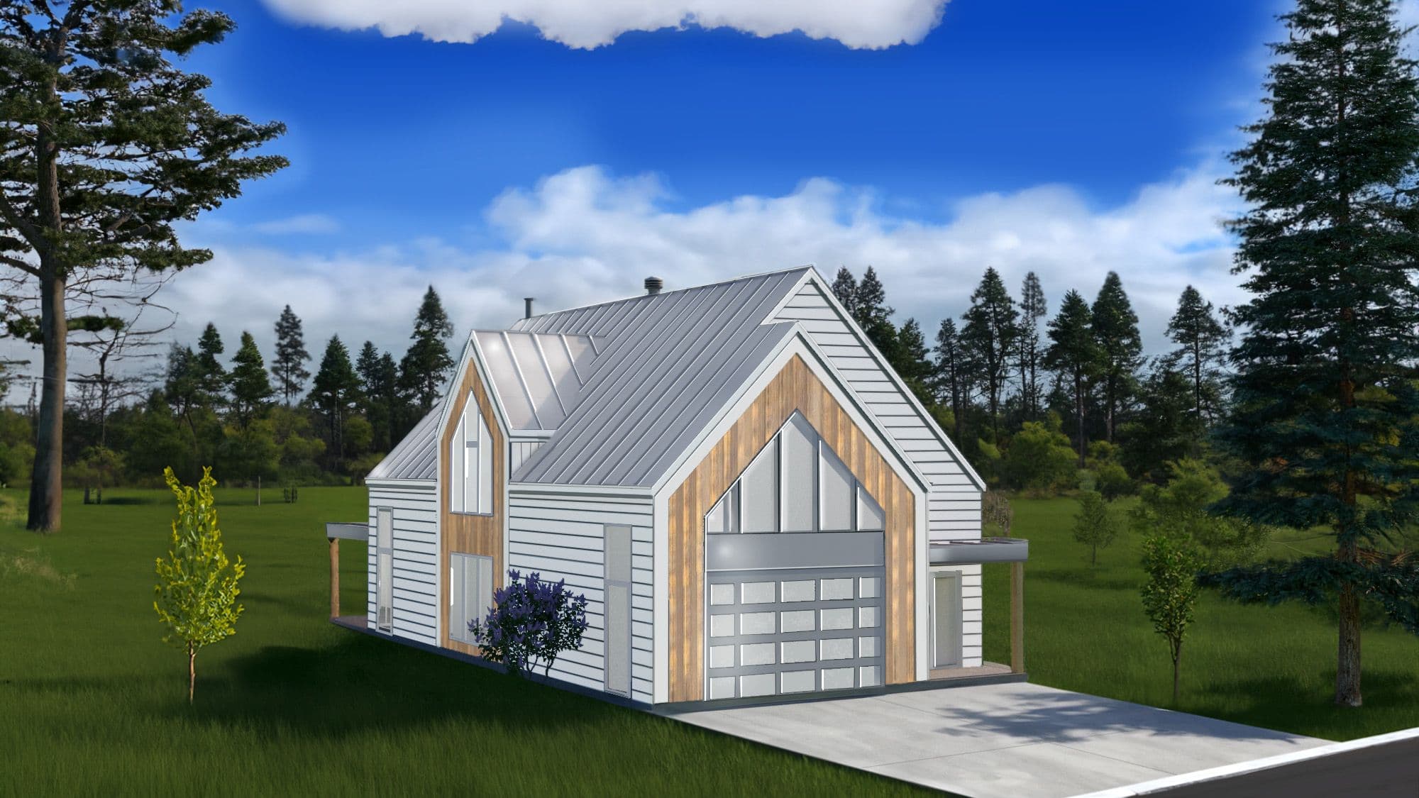 Rendu 3D d'une maison neuve à toit en pignon, au revêtement blanc et aux accents de bois