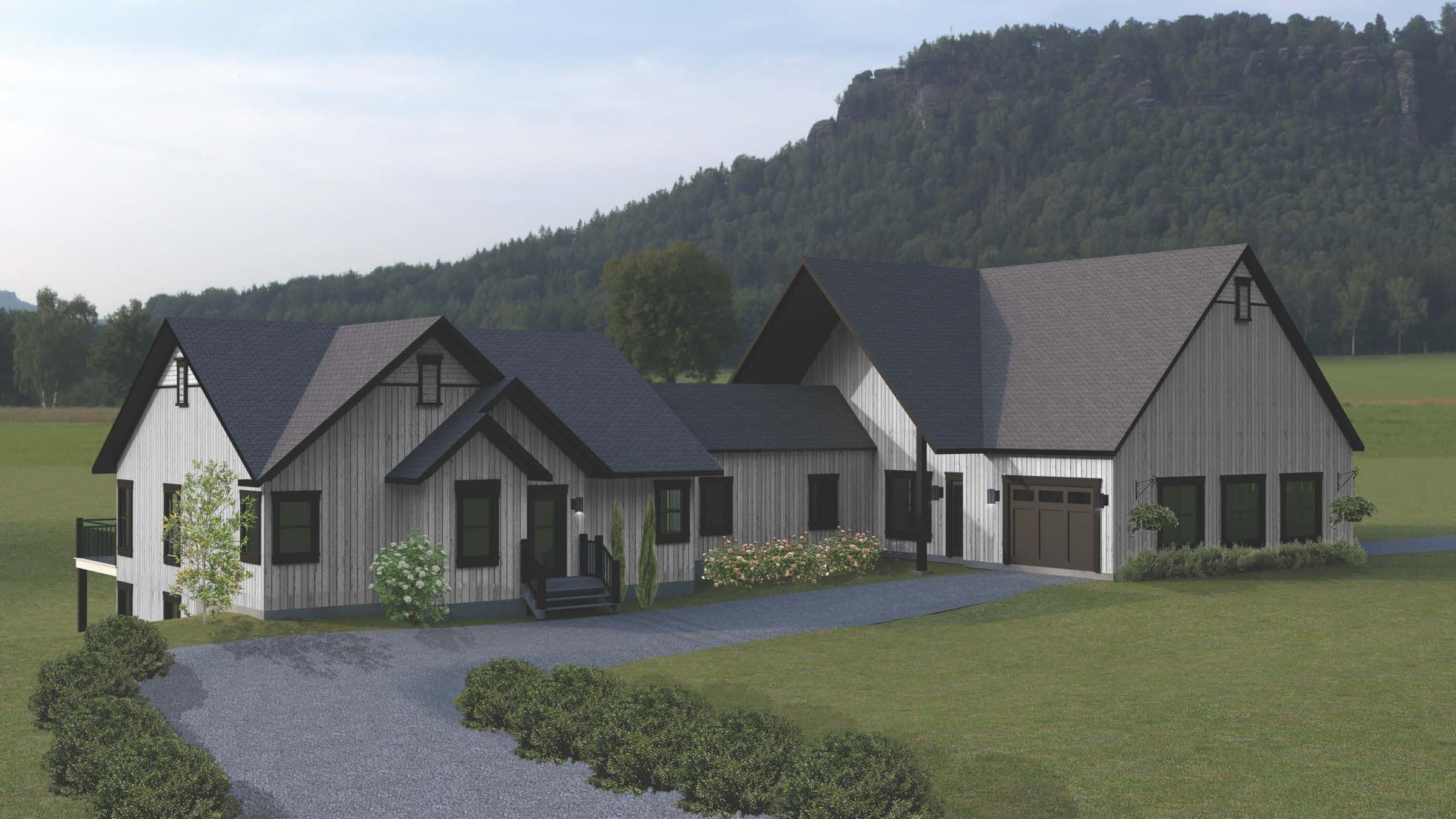 Rendu 3D d'une maison au parement clair et à la toiture foncée, avec garage, devant une falaise boisée