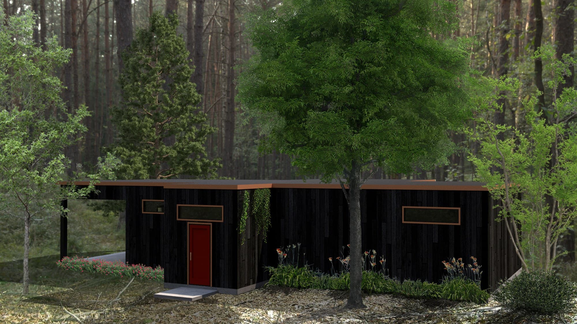 Rendu 3D d'un pavillon de plain-pied en bois brûlé à la porte rouge