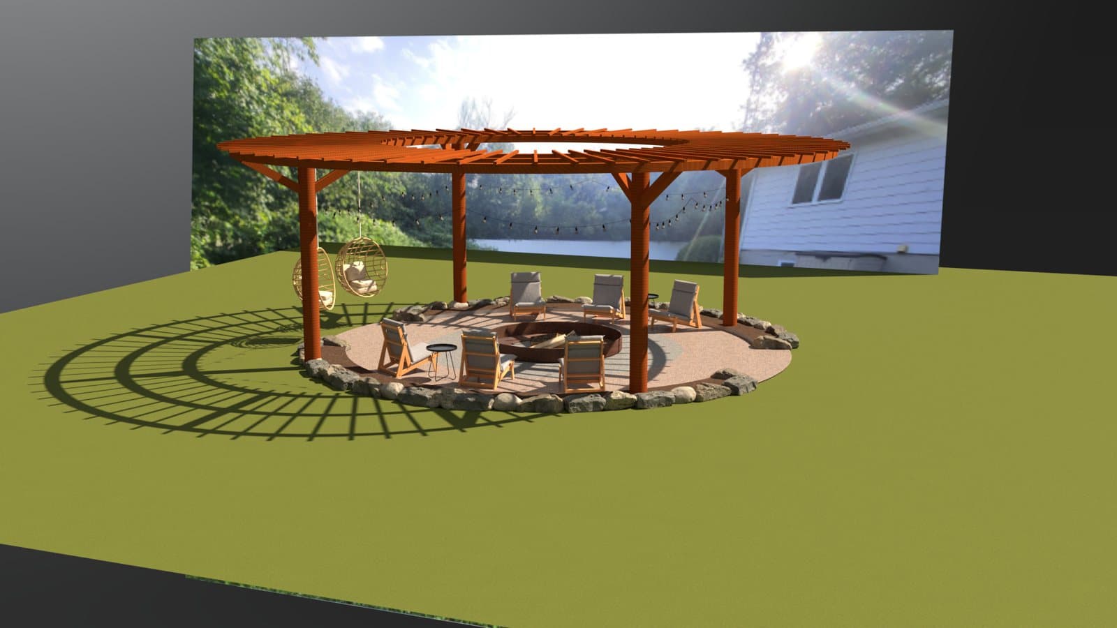 Rendu 3D d'une pergola circulaire au-dessus d'un foyer extérieur