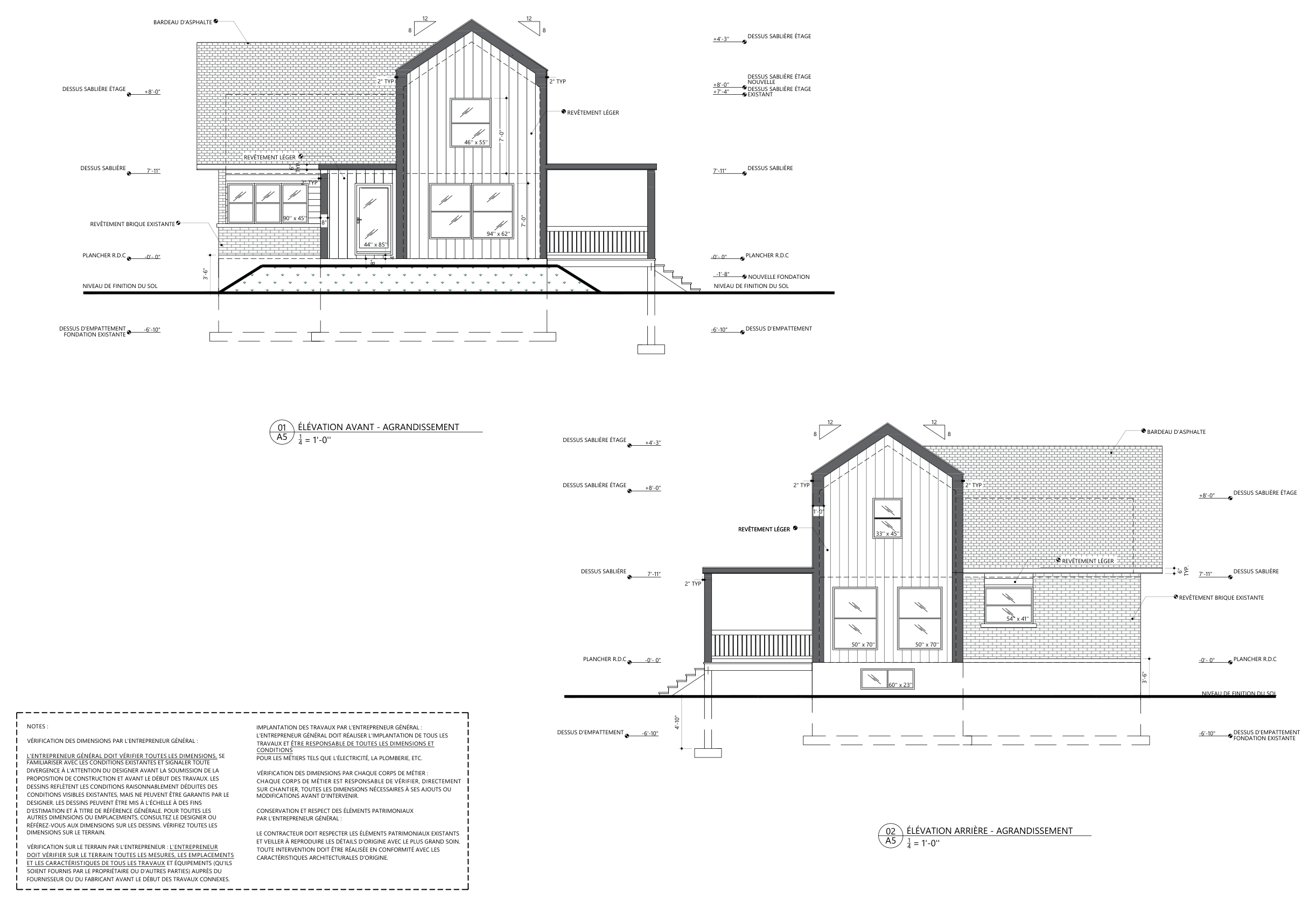 Front and rear elevations of the addition, with its windows and claddings