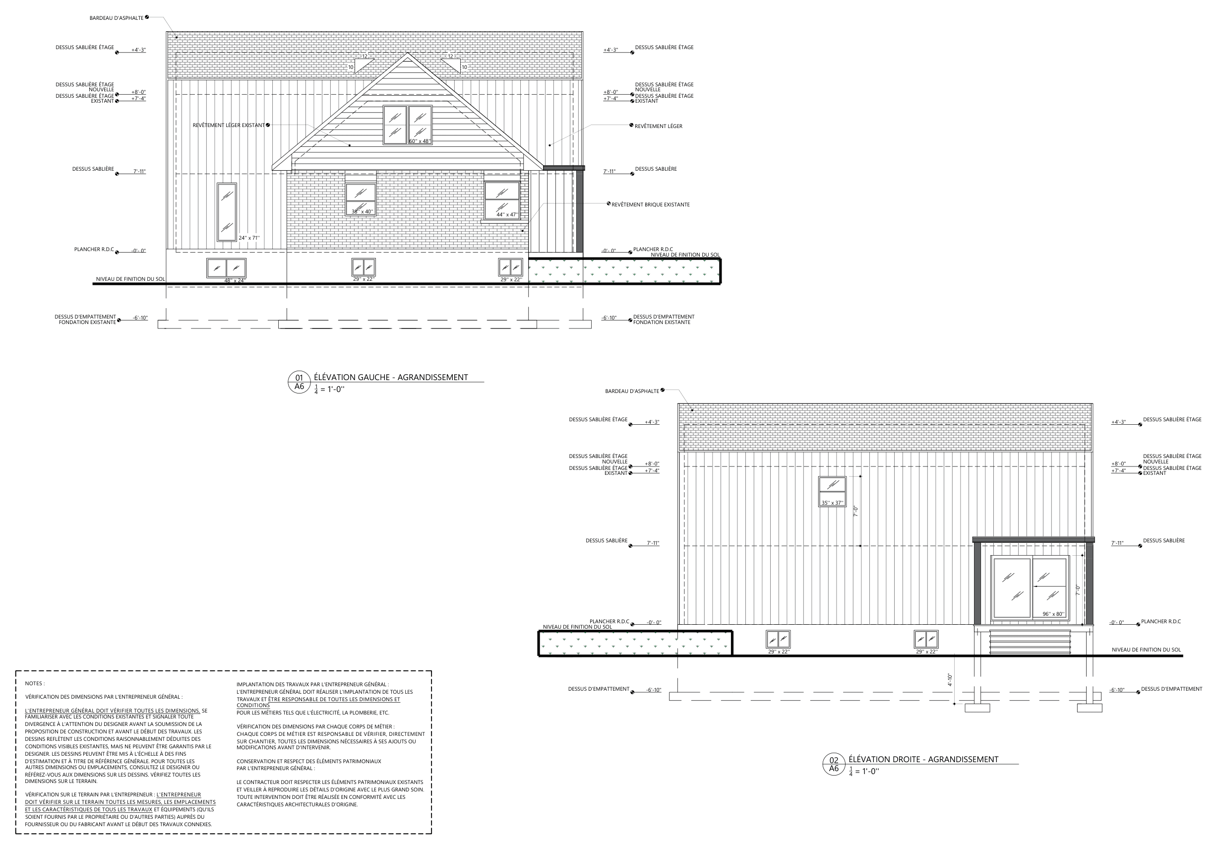 Left and right elevations of the addition, with levels and materials annotated