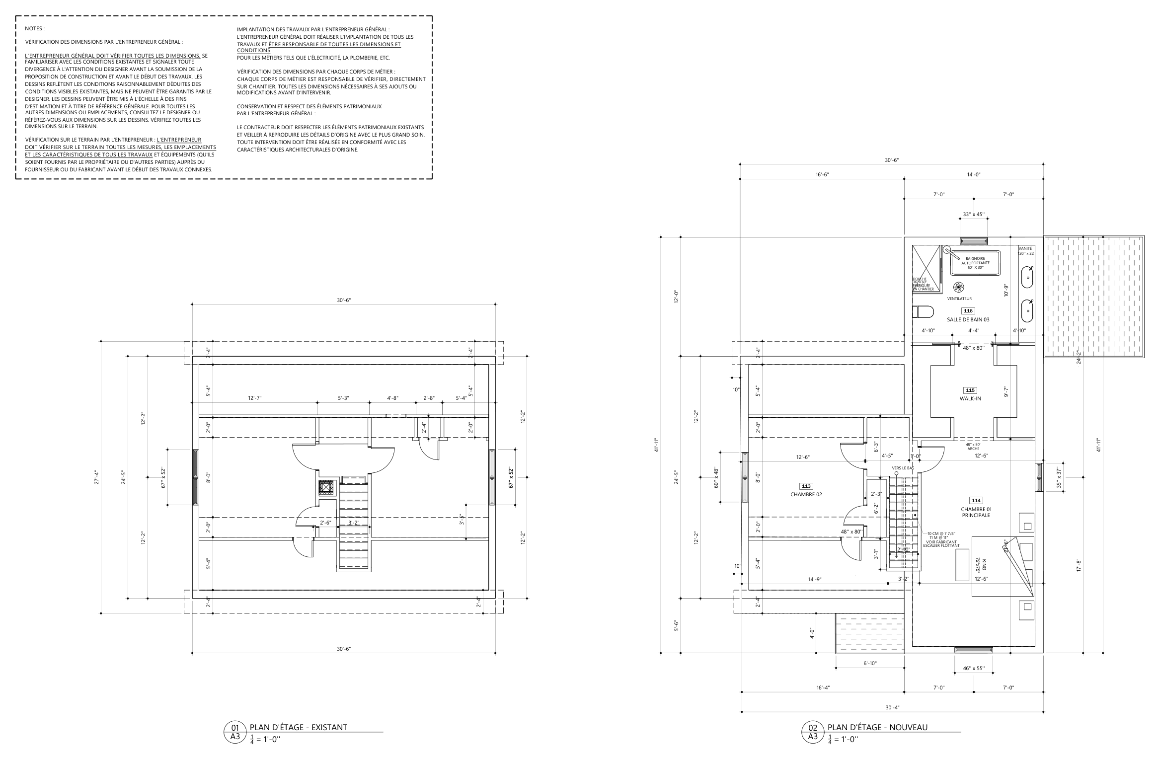Upper-floor plans, existing and new, with the bedroom and bathroom under the gable