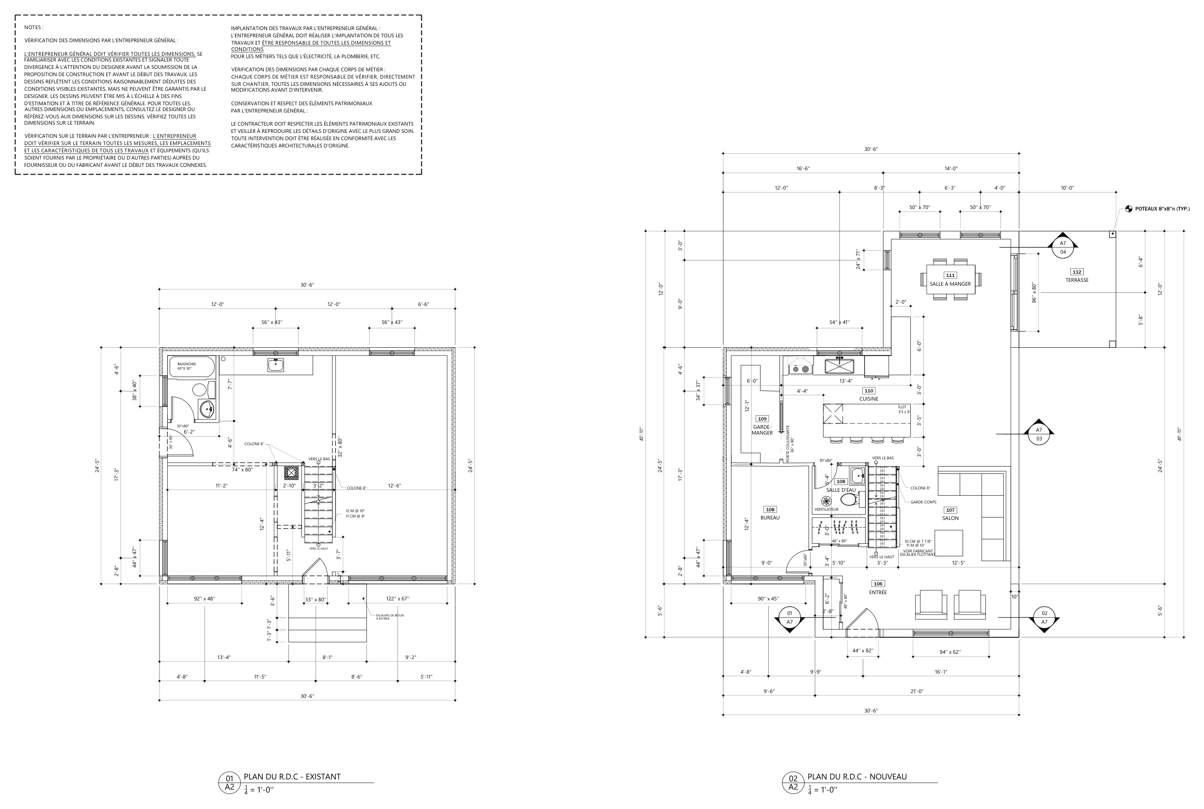Ground-floor plans, existing and new, with the addition, kitchen, dining area and terrace
