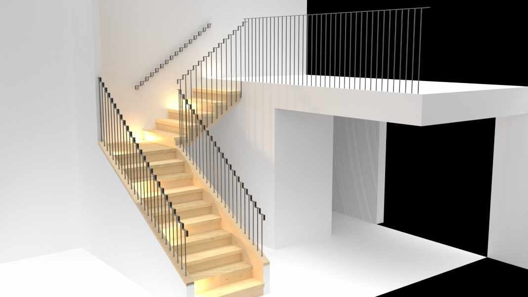Rendu 3D de l'escalier avec son palier, ses marches éclairées et son garde-corps métallique