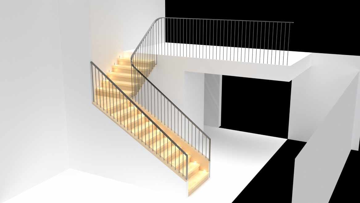 Rendu 3D de l'escalier vu de côté, avec le palier et le garde-corps