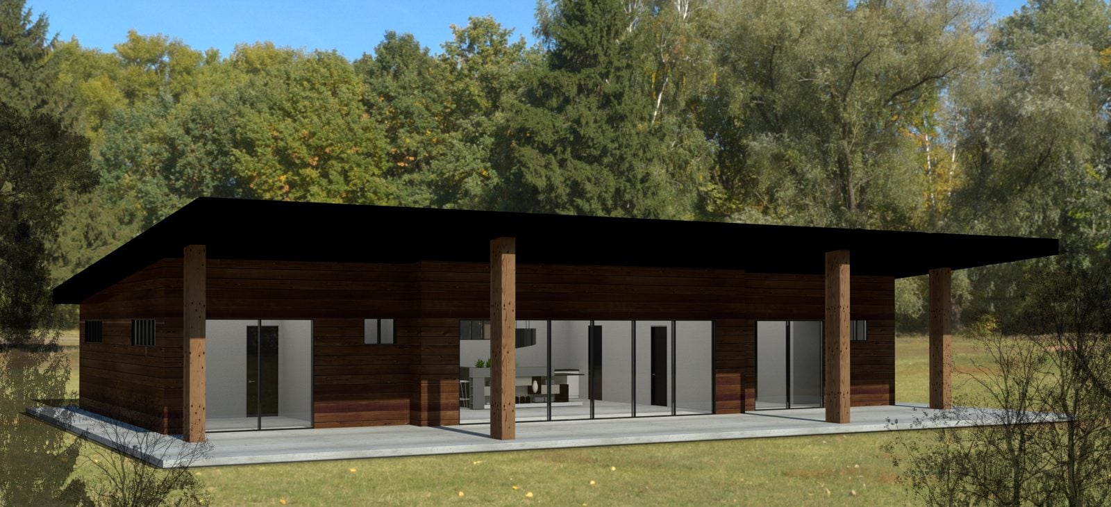 Rendu 3D d'une longue maison basse en bois, au grand toit plat débordant et aux grandes baies vitrées