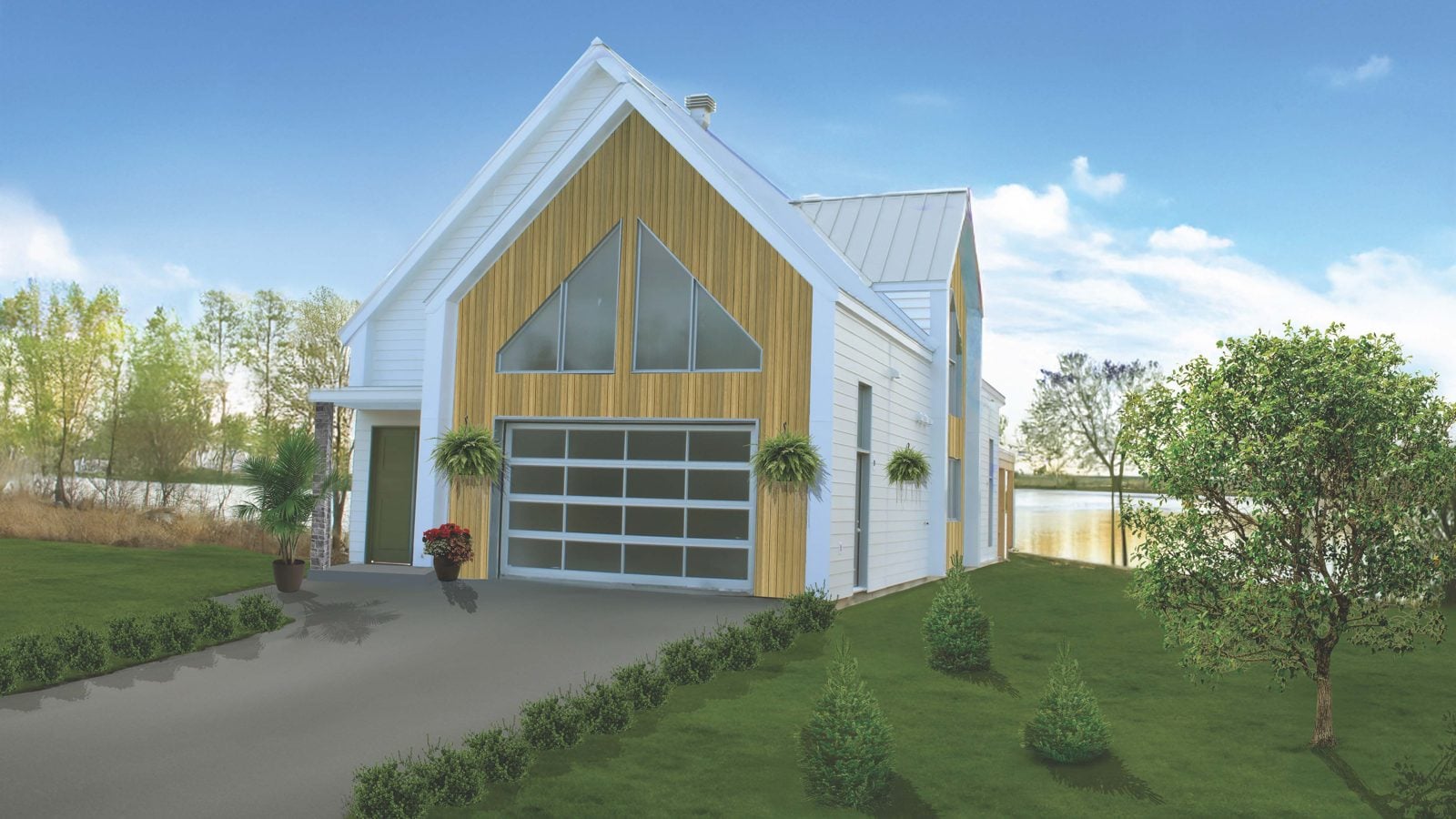 Rendu 3D de la façade : grand pignon vitré et revêtu de bois, porte de garage vitrée, au bord de l'eau
