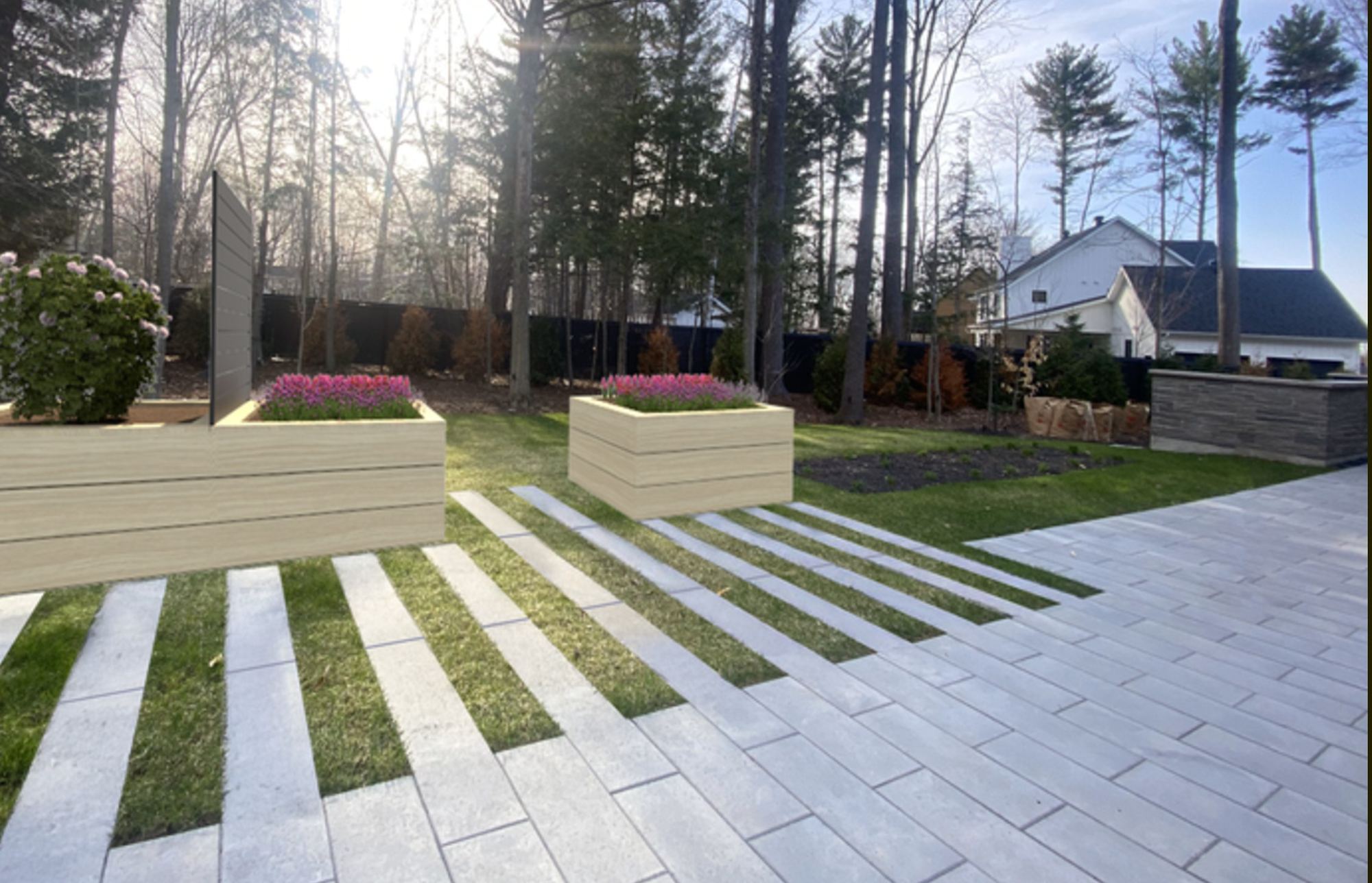 Rendu 3D de jardinières en bois fleuries et de pavés alternant avec le gazon, à côté d'une terrasse en dalles