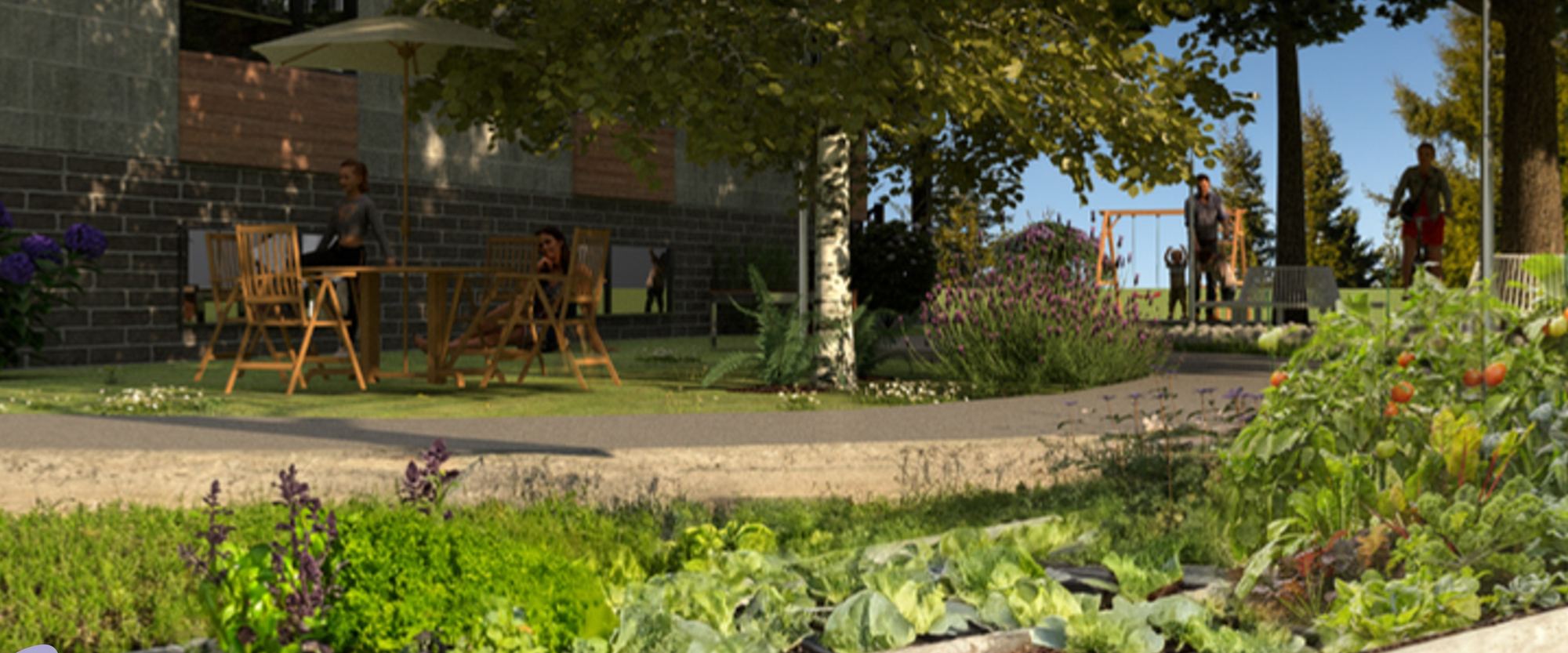 Rendu 3D d'un potager et d'une terrasse avec table et chaises sous un arbre, au pied d'un bâtiment, et d'une aire de jeux au fond