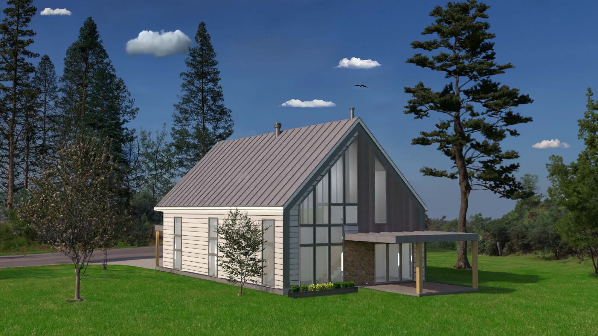 Rendu 3D d'une vue latérale : pignon vitré, revêtement de bois clair et toiture de tôle