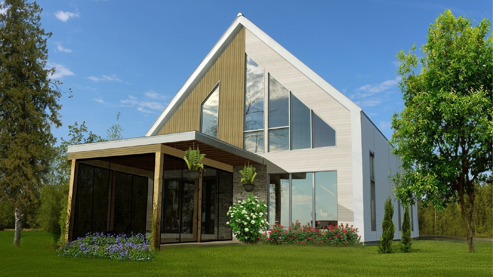 Rendu 3D du pignon vitré et revêtu de bois, avec sa galerie couverte et son solarium