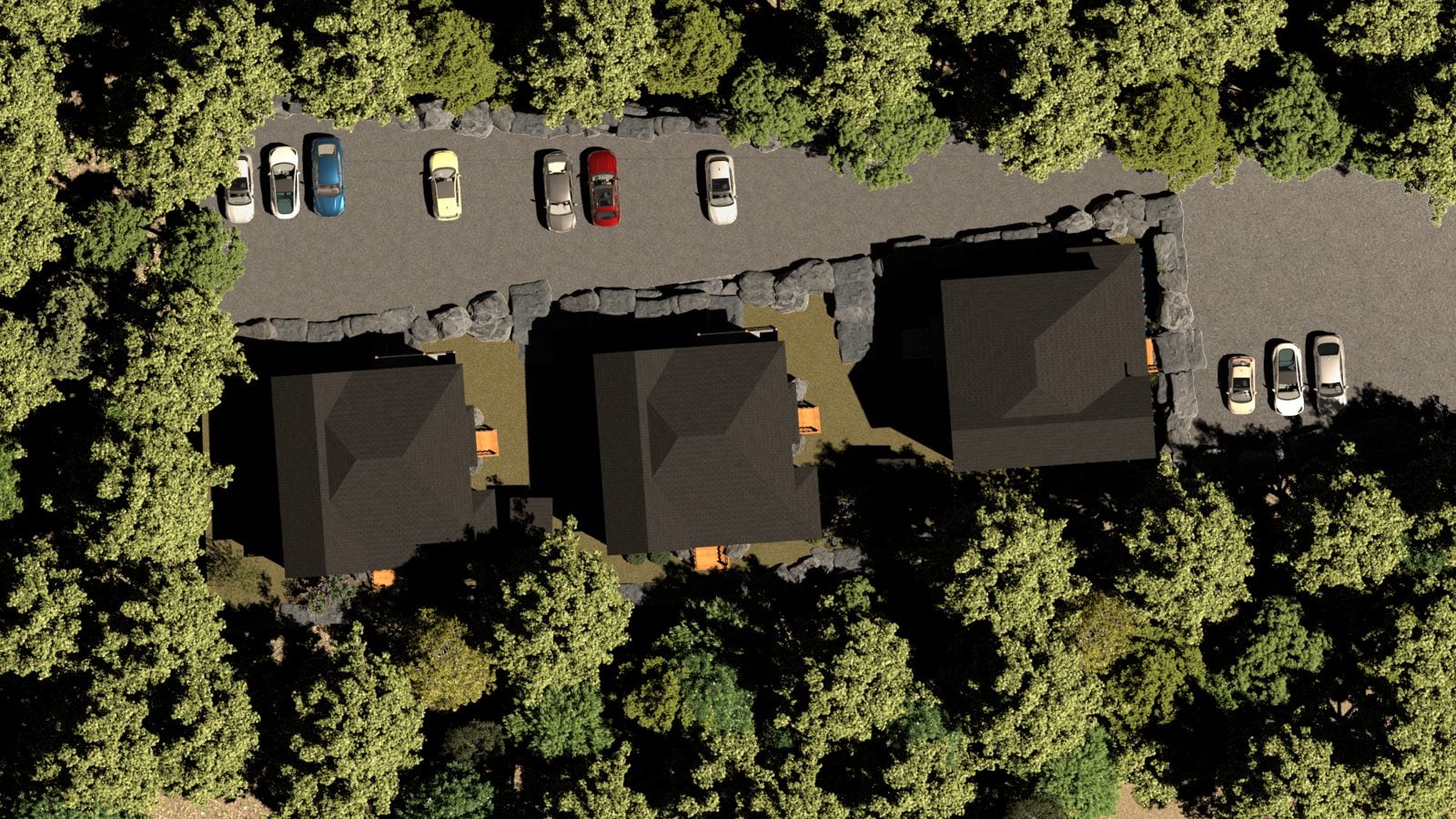 Rendu 3D vu du dessus : trois immeubles, stationnements et boisé